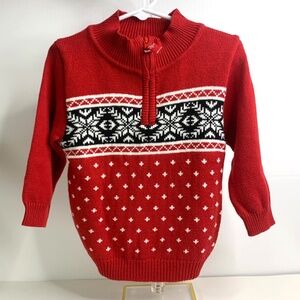 Fair Isle, red black & white quarter zip holiday cabincore pullover sweater